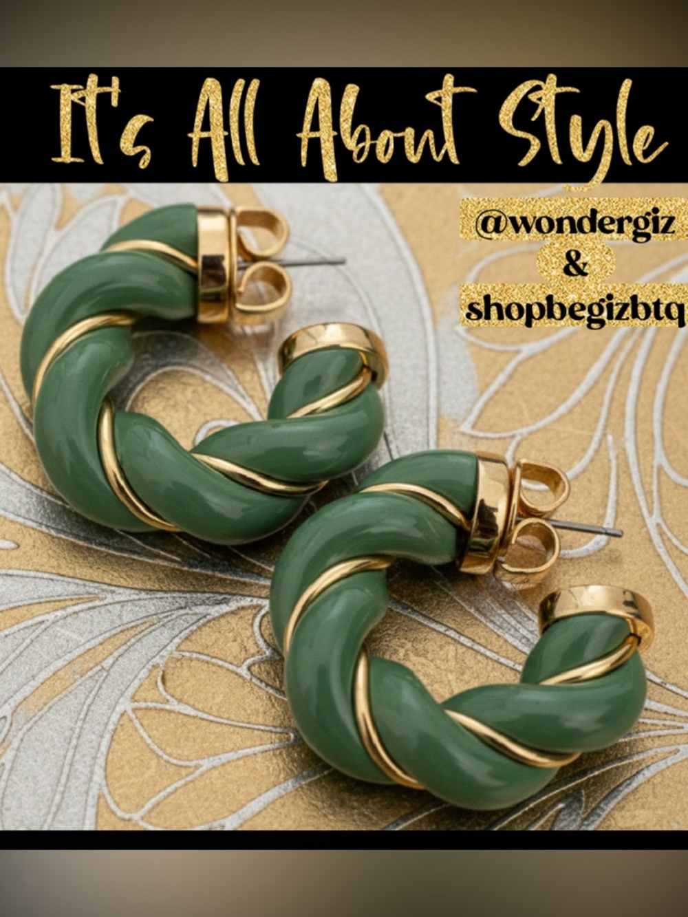 NWOT Authentic Tory Burch Green and Gold Textured Rope Hoop Earrings
